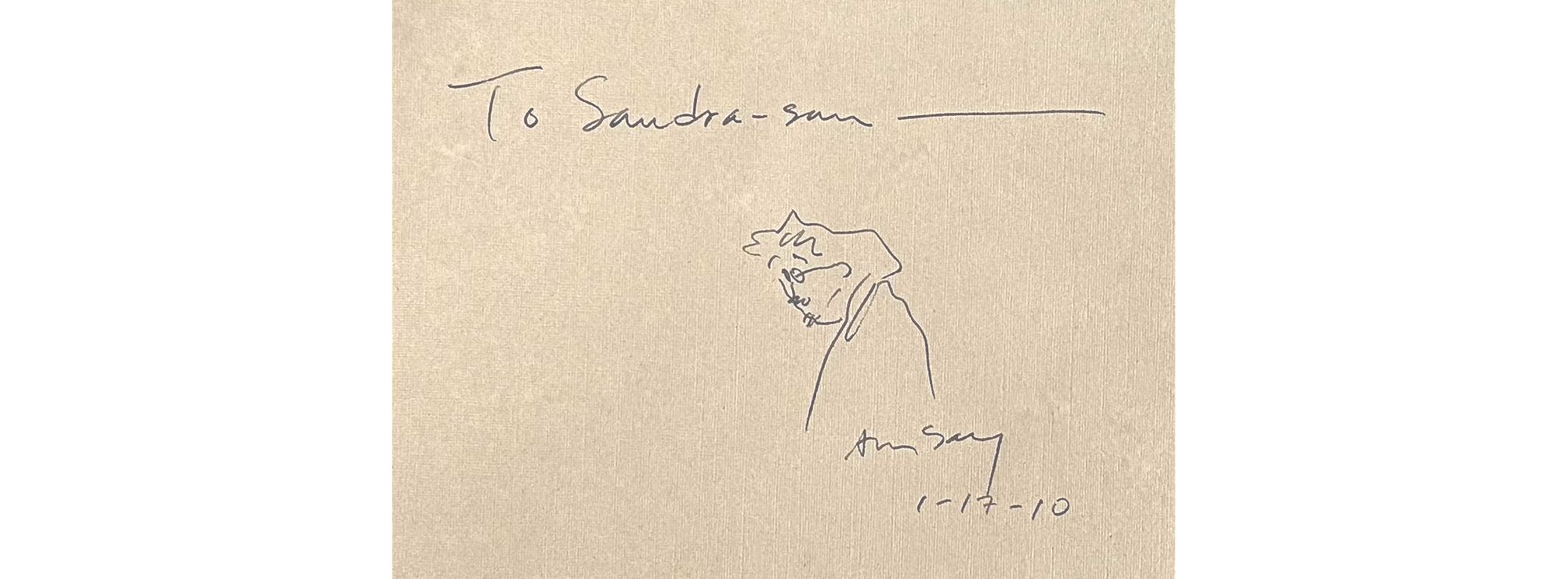 Photo of Allen Say inscription: "To Sandra-san," above his profile and signature, dated 1-17-10.