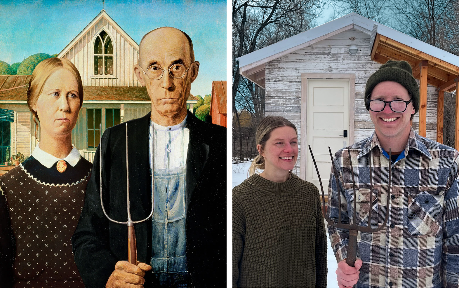 (left) Image of Grant Wood's "American Gothic" painting: a sever-looking farmer couple, with wife on left in neck-high patterned black dress with white collar, and balkd husband with glasses on right, wearing a black coat over blue jean overalls and hold a 3-pronged pitchfork, with a gabled house behind them and green trees behind that; (right) Anne and Nick Felton in a similar pose, wearing casual clothes , with Nick holding a 5-pronged pitchfork, and sauna in the back in winter.