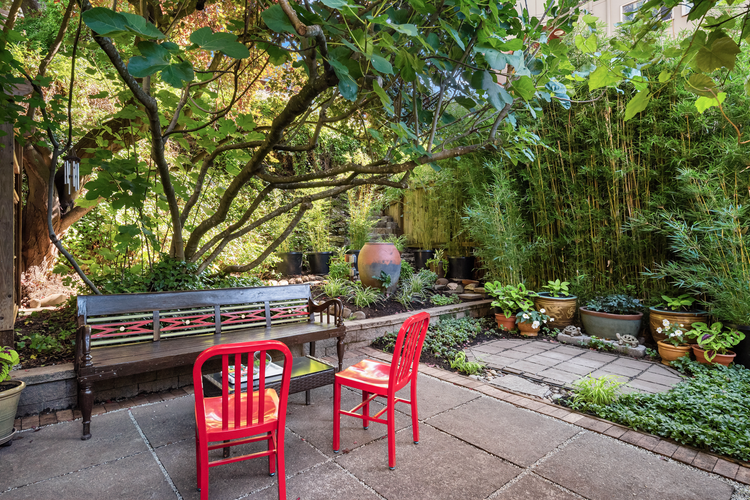 Photo of grey cement patio with long brown bench and red chairs, surrounded by tress, plants, and bamboo