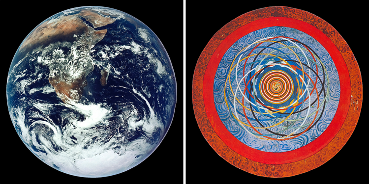 (left) Photo of earth eith clouds, blue oceans, and brown land; (right) Tibetan mandala with concentric colorful circles