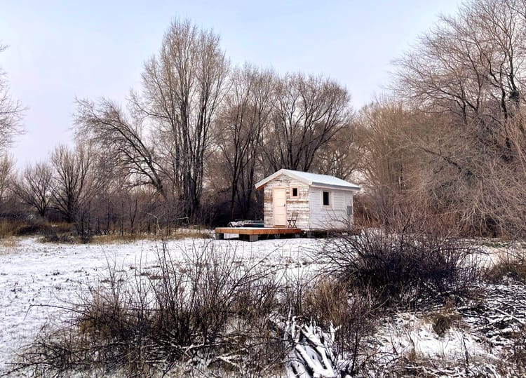 Photo of small, white cabin peeling paint and wooden deck in front, with tree behind and on sides, in a small field covered 